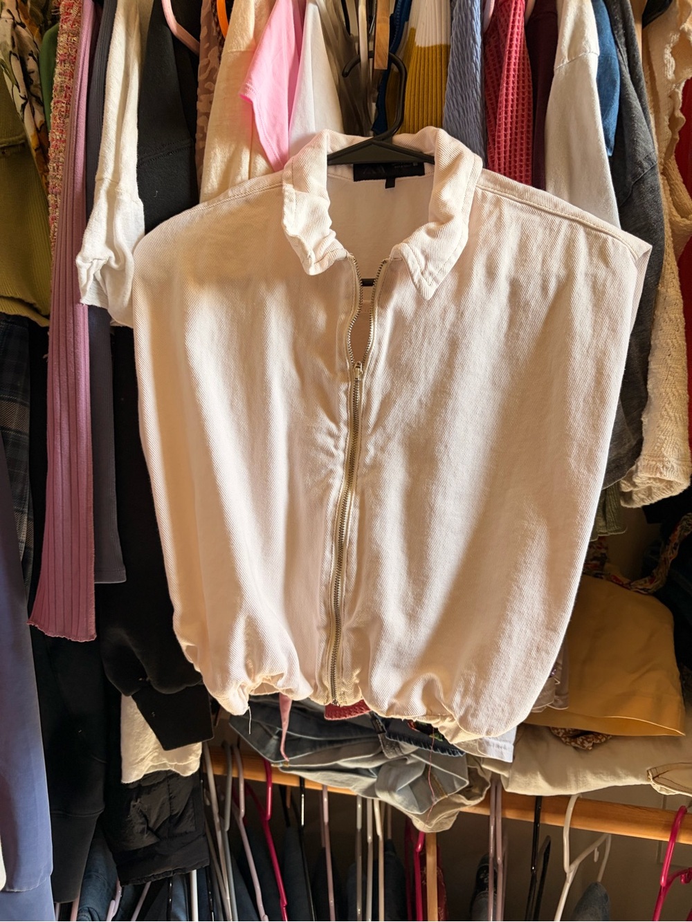 Zara Cream Short-Sleeve Zip-Front canvas Sweatshirt